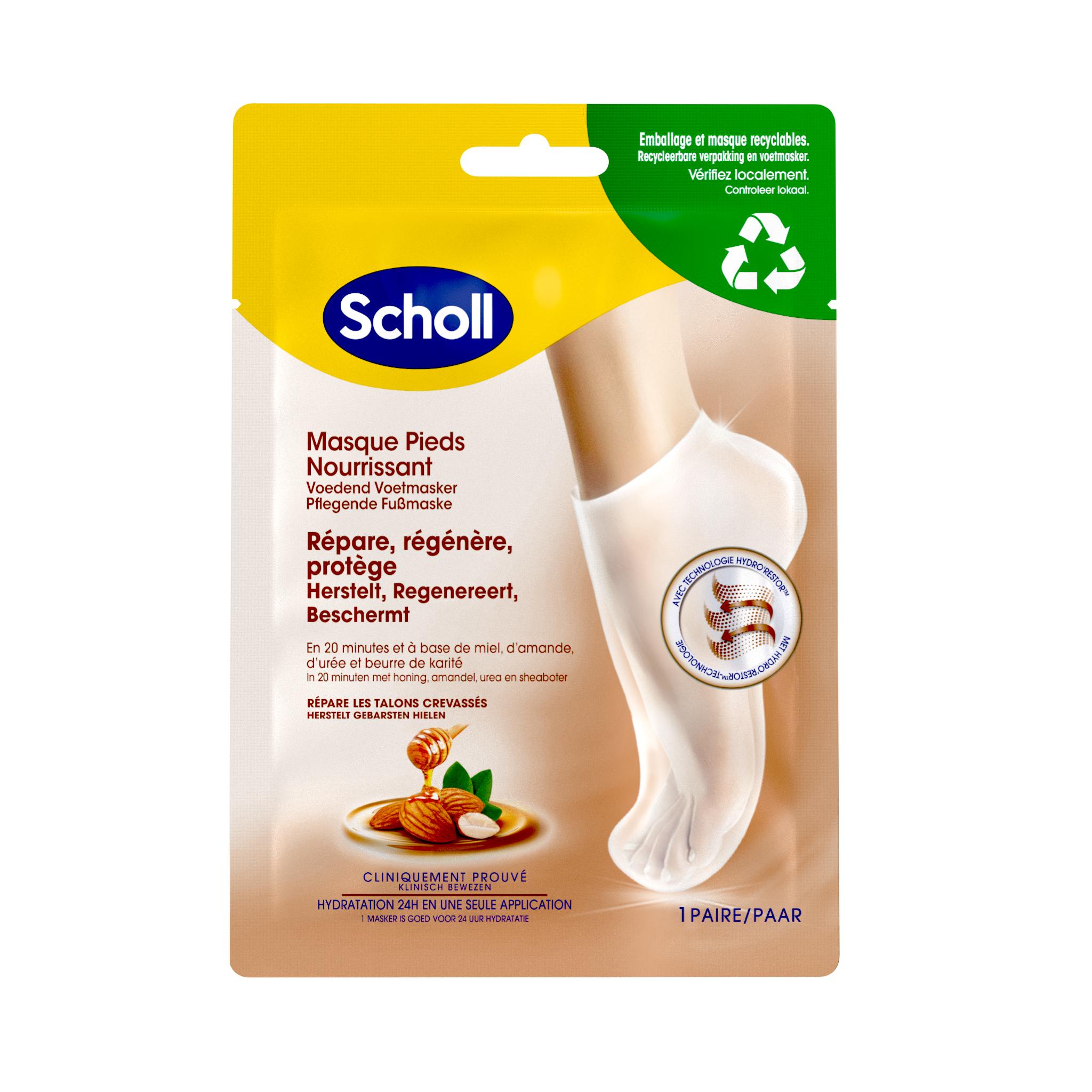 Masque Pieds Nourrissant et Hydratant Miel et Amande pour Peaux Sèches Scholl